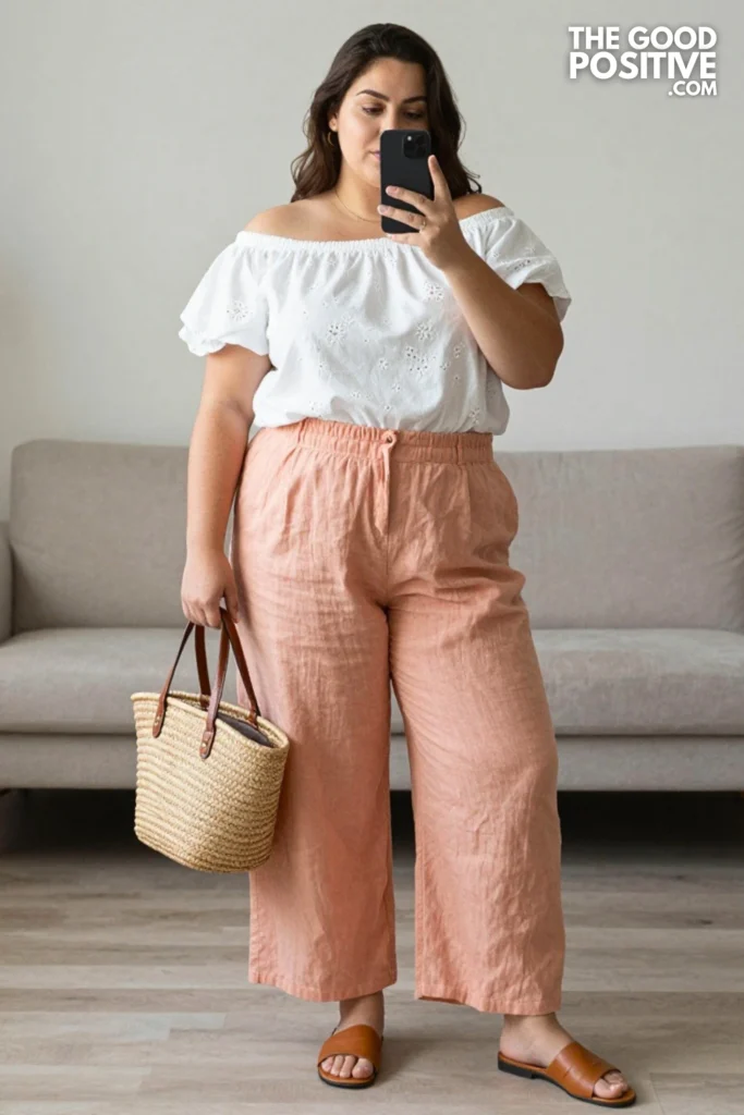Plus Size Broderie Anglaise Off-Shoulder Top & Wide-Leg Linen Pants Outfit