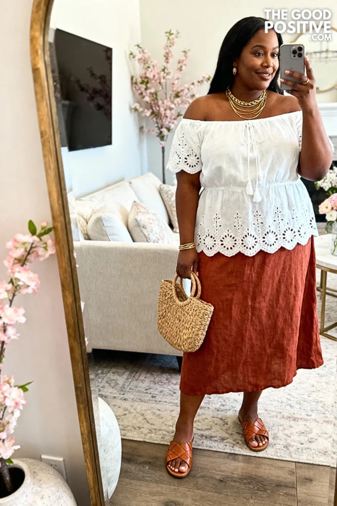 Plus Size Broderie Anglaise Off-Shoulder Top With Midi Skirt Outfit