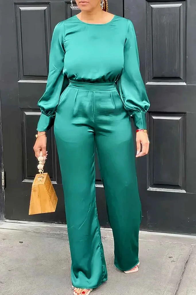 Plus Size Business Casual Green Pants Set Round Neck Lantern Sleeve Wide Leg Two Pieces Pants Set