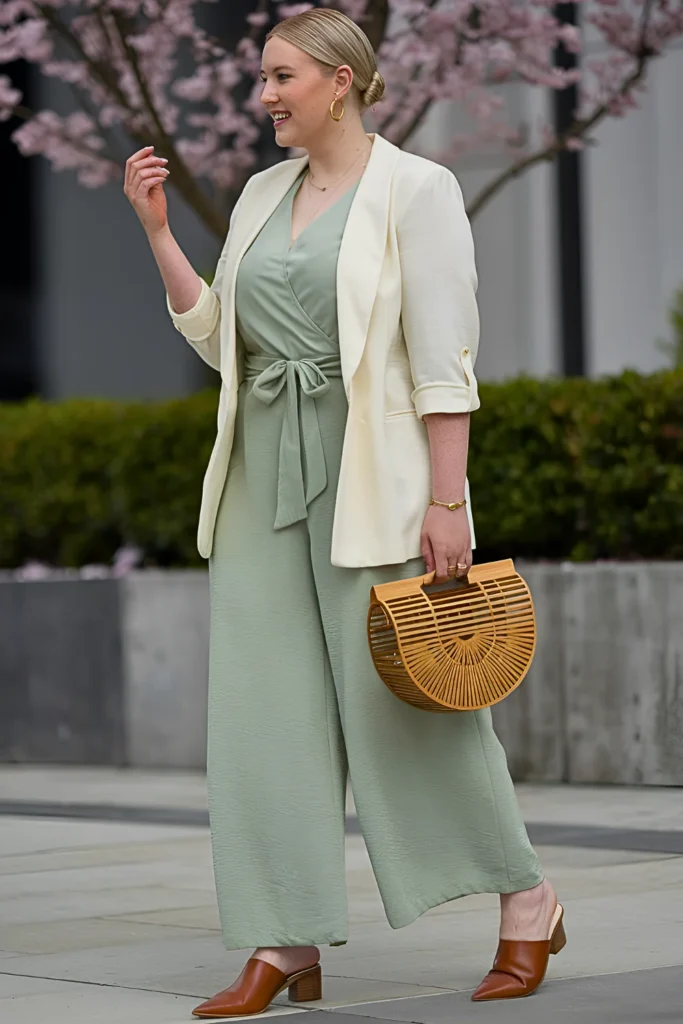 Plus Size Business Casual Sage Linen Jumpsuit with Cream Blazer Spring Outfit