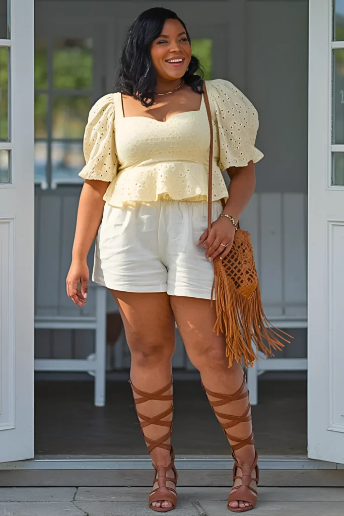 Plus Size Butter Yellow Eyelet Cotton Crop Top With White Linen Shorts Spring Break Outfit