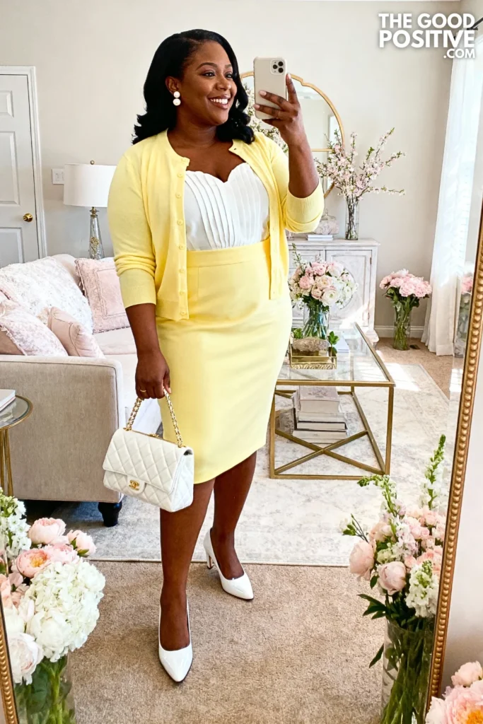 Plus Size Buttercup Yellow Pencil Skirt and Cardigan Set Outfit
