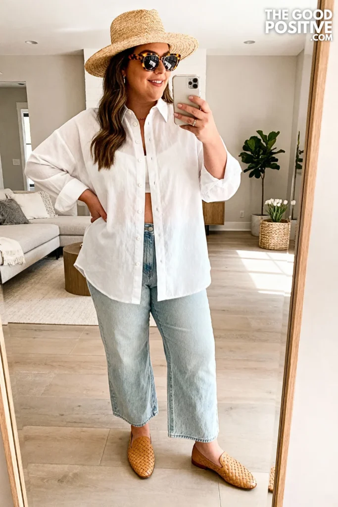 Plus Size Button-Up Shirt and Wide Leg Jeans Outfit
