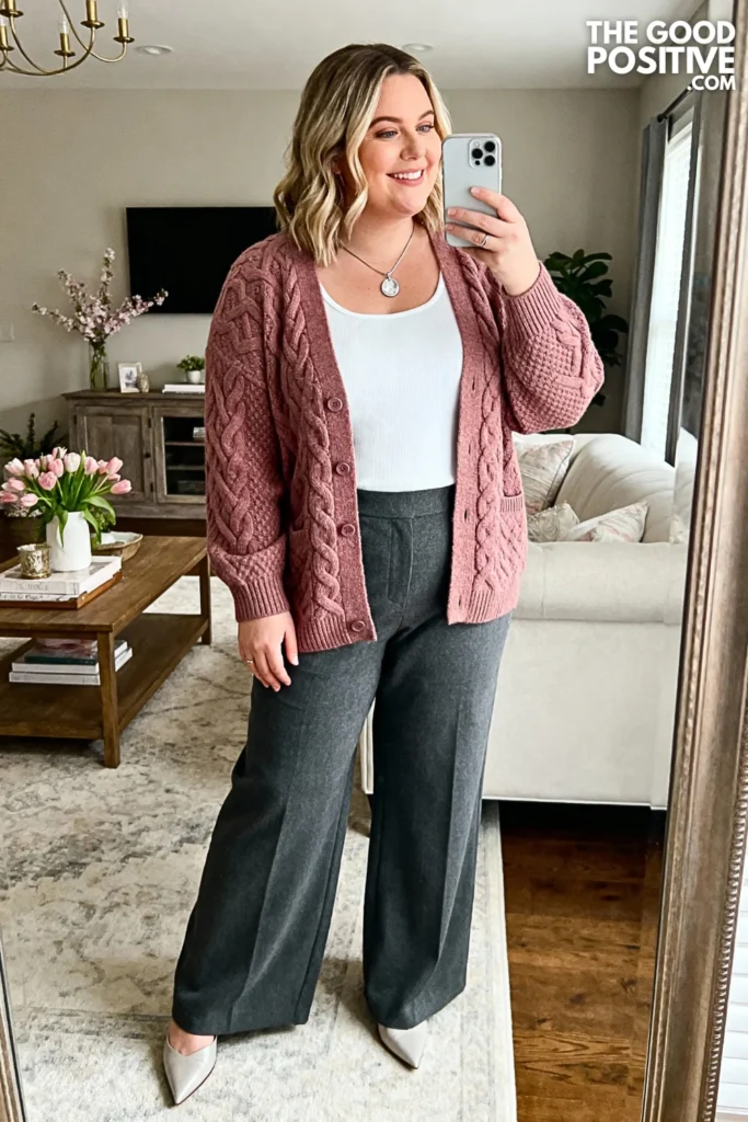 Plus Size Cable Knit Cardigan with Wide-Leg Trousers Outfit