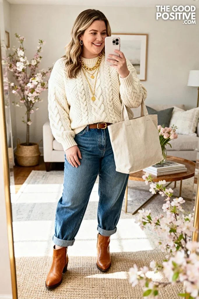Plus Size Cable Knit Sweater with Barrel-Leg Jeans Outfit