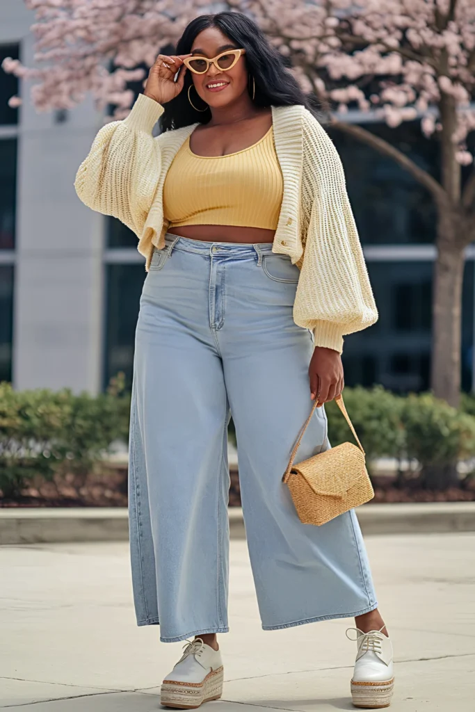 Plus Size Casual Light Wash Denim with Yellow Crop Top Spring Outfit