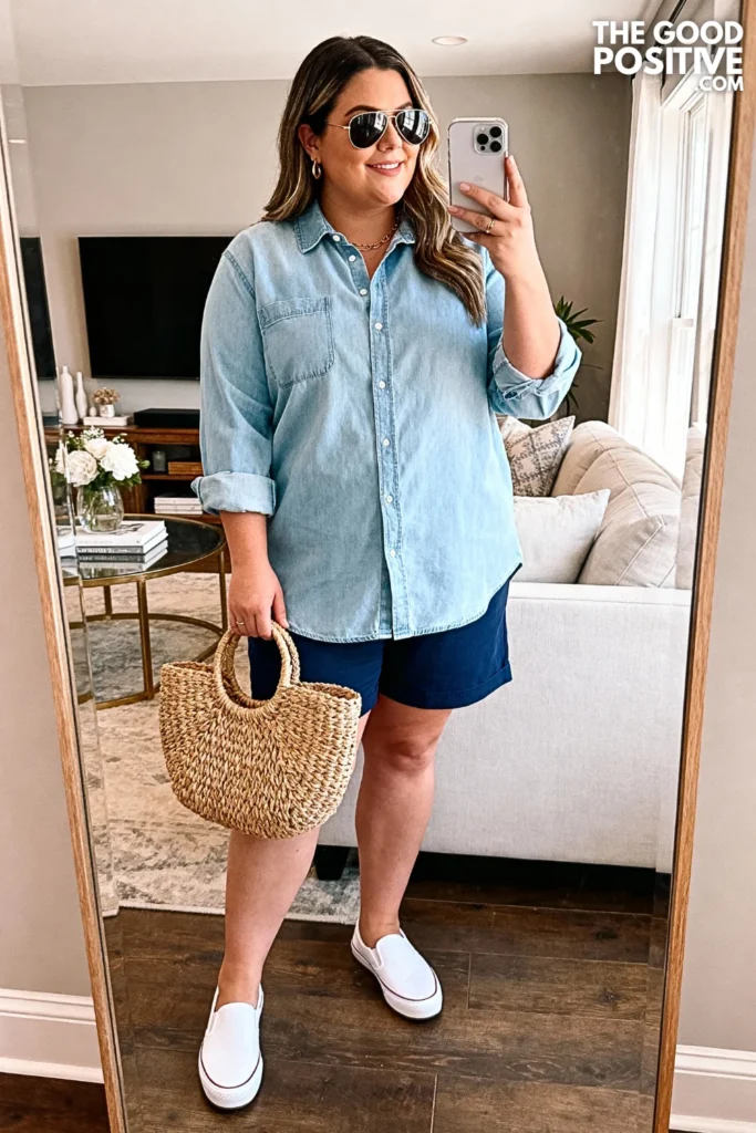 Plus Size Chambray Shirt and Bermuda Shorts Outfit