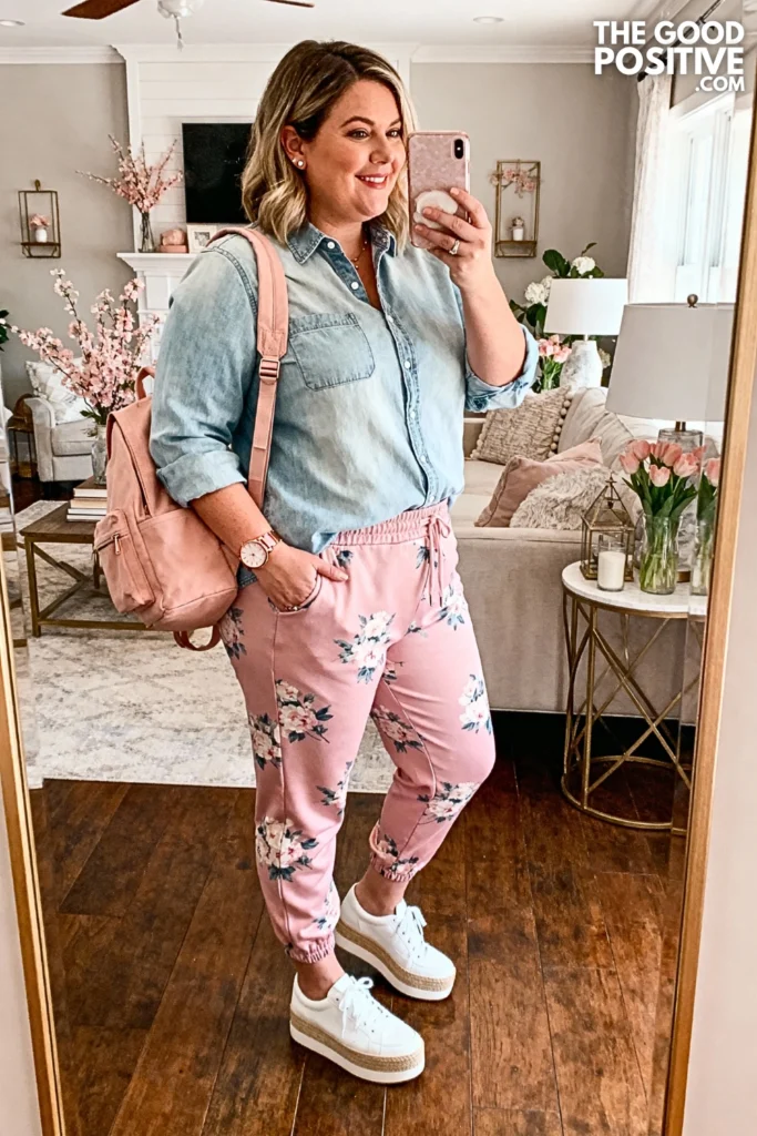 Plus Size Chambray Shirt with Printed Joggers Outfit