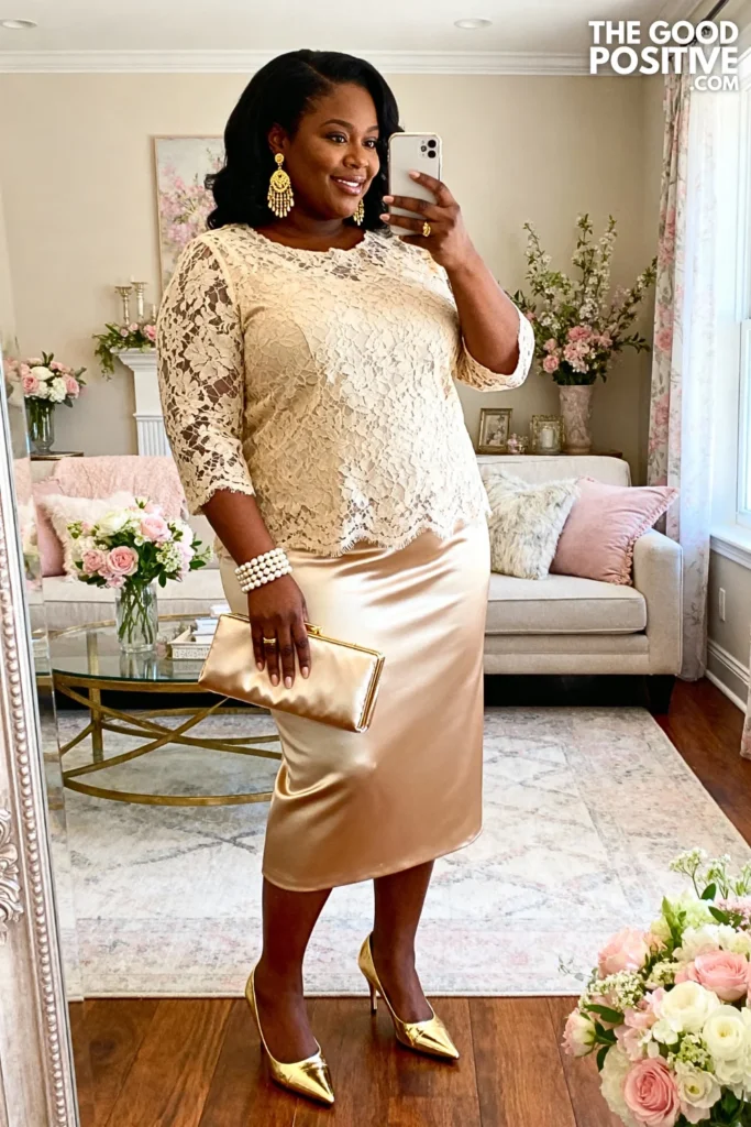 Plus Size Champagne Satin Column Skirt and Lace Top Outfit