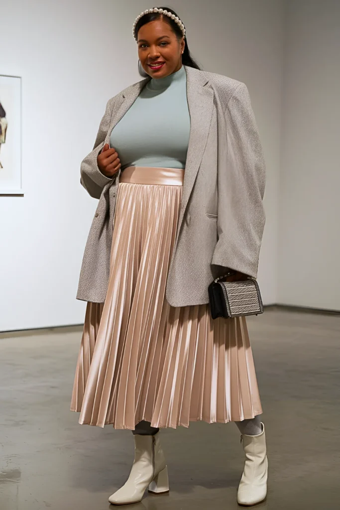 Plus Size Champagne Satin Knife-pleated Midi Skirt Cold Spring Outfit