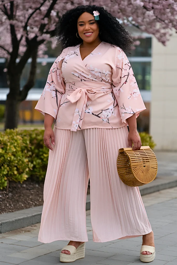 Plus Size Cherry Blossom Blush Pink Kimono-style Wrap Top With Wide-leg Pants Spring Break Outfit