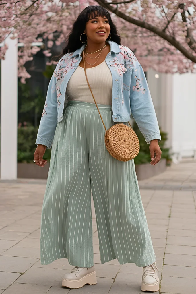 Plus Size Cherry Blossom Denim Jacket Over Cotton Tank In Pinstripe Green Wide-leg Palazzo Pant Early Spring Outfit