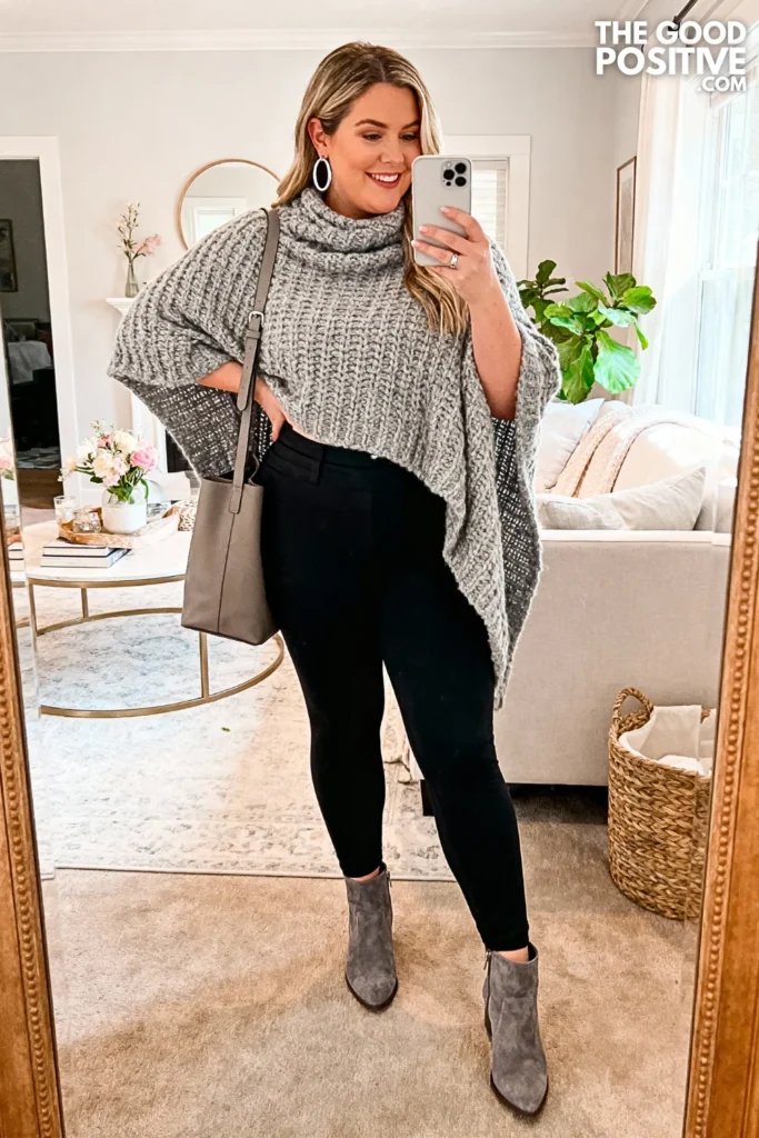 Plus Size Chunky Knit Poncho with Leggings Outfit