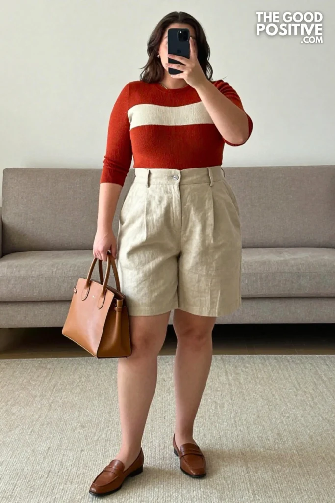 Plus Size Color-Block Knit Top & Tailored Linen Shorts Outfit