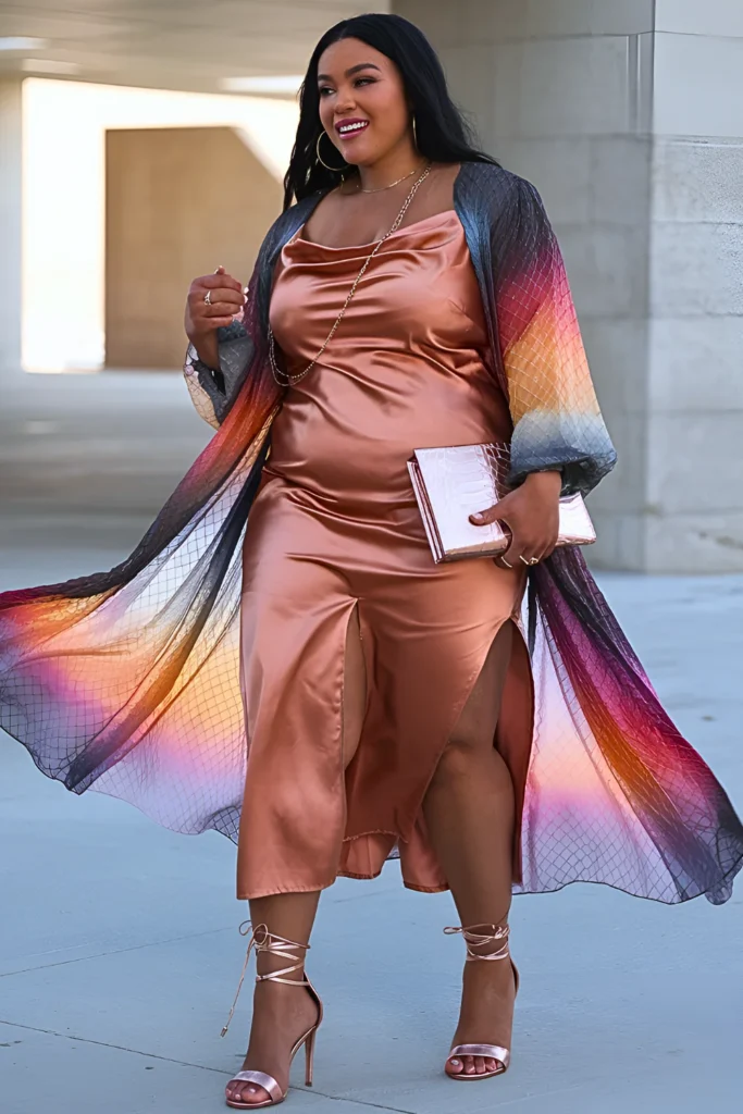 Plus Size Copper Satin Bias-cut Dress With A Sheer Duster In Ombré Sunset Colors Spring Outfit for Black Women