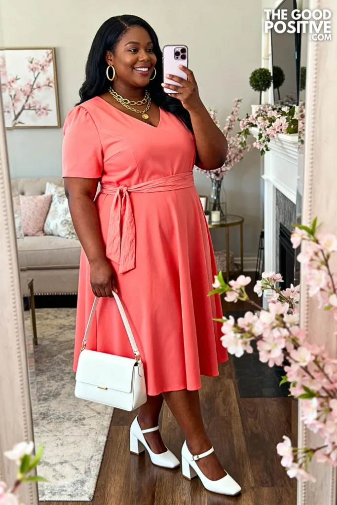 Plus Size Coral Fit-and-Flare Belted Dress Outfit