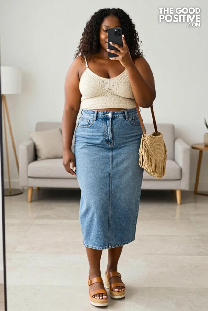 Plus Size Crochet Overlay Top & High-Waist Denim Midi Skirt Outfit