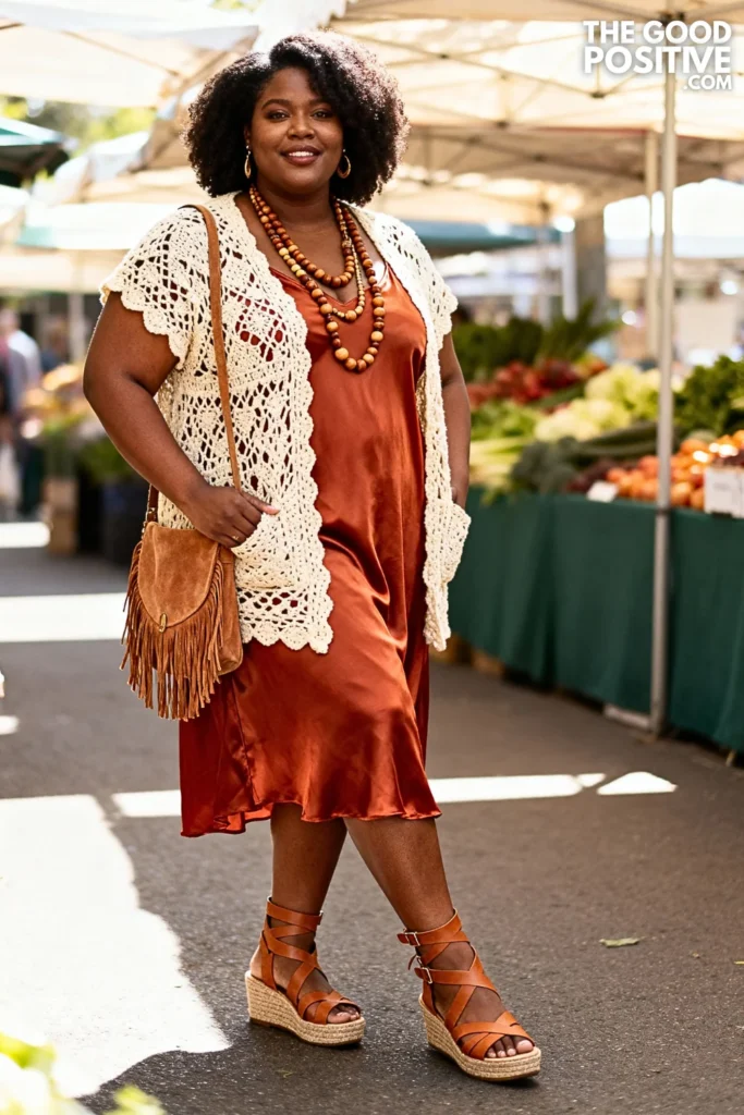 Plus Size Crochet Vest Over Slip Dress Outfit