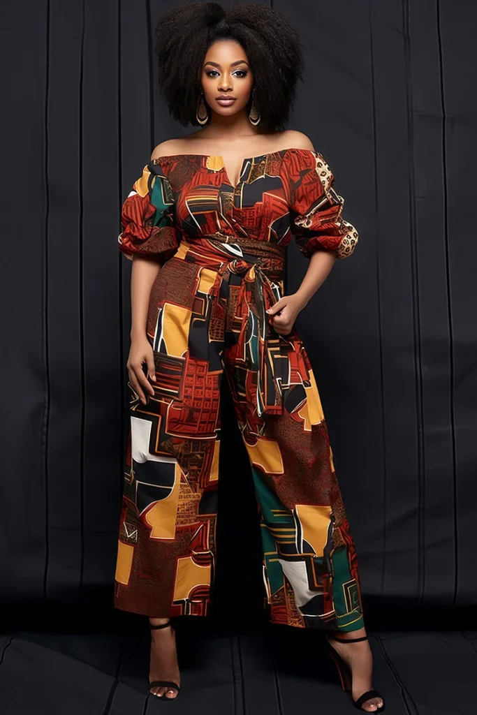 Plus Size Daily Brown Ankara Off The Shoulder Half Sleeve Pocket Jumpsuit