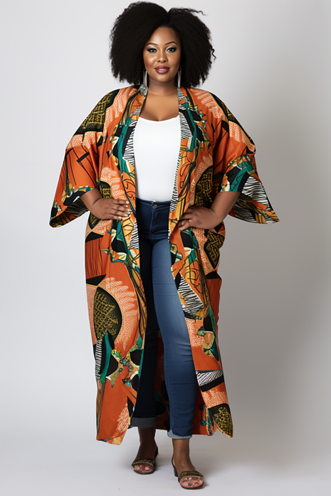 Plus Size Daily Casual Orange Ankara Spring Summer 3:4 Sleeve Cardigan