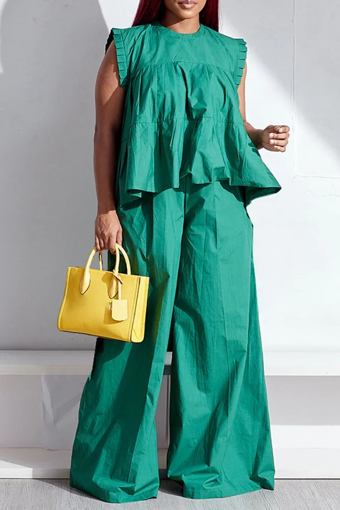 Plus Size Daily Green Round Neck Ruffle Pocket Two Piece Pant Set