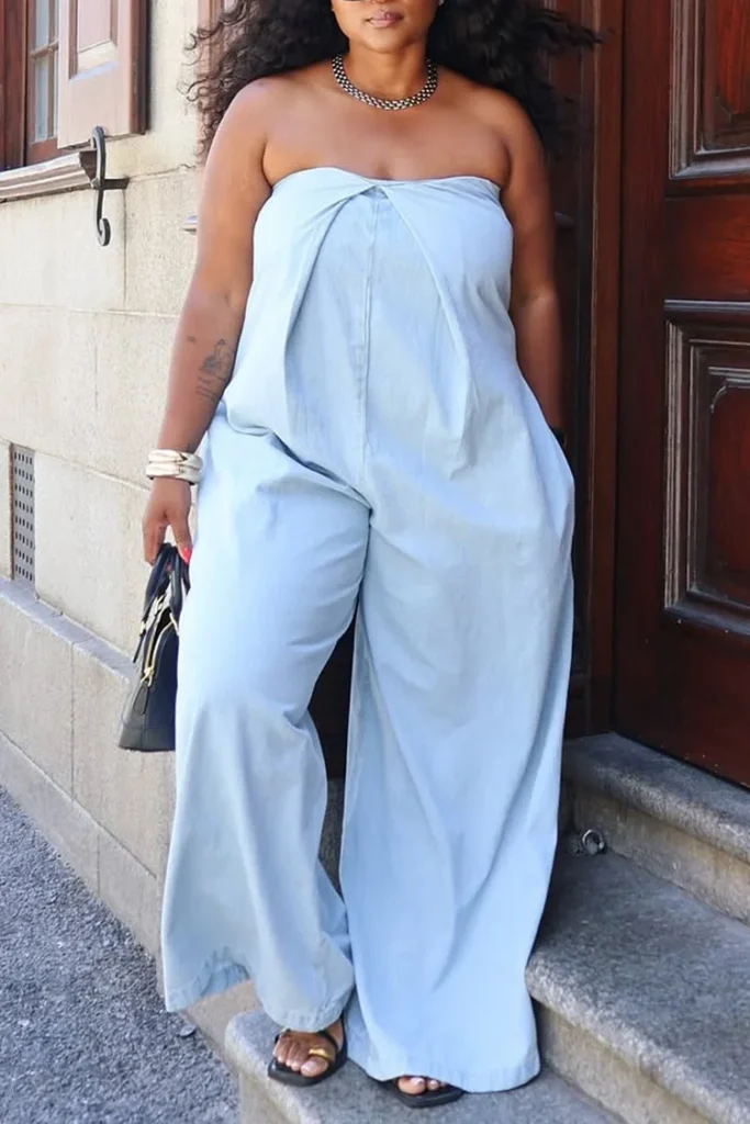 Plus Size Daily Light Blue Pocket Wide Leg Jumpsuit