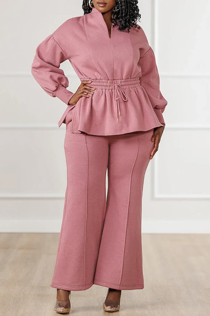 Plus Size Daily Pink Round Neck Long Sleeve Pocket Pull-On Waist Two Piece Pant Set