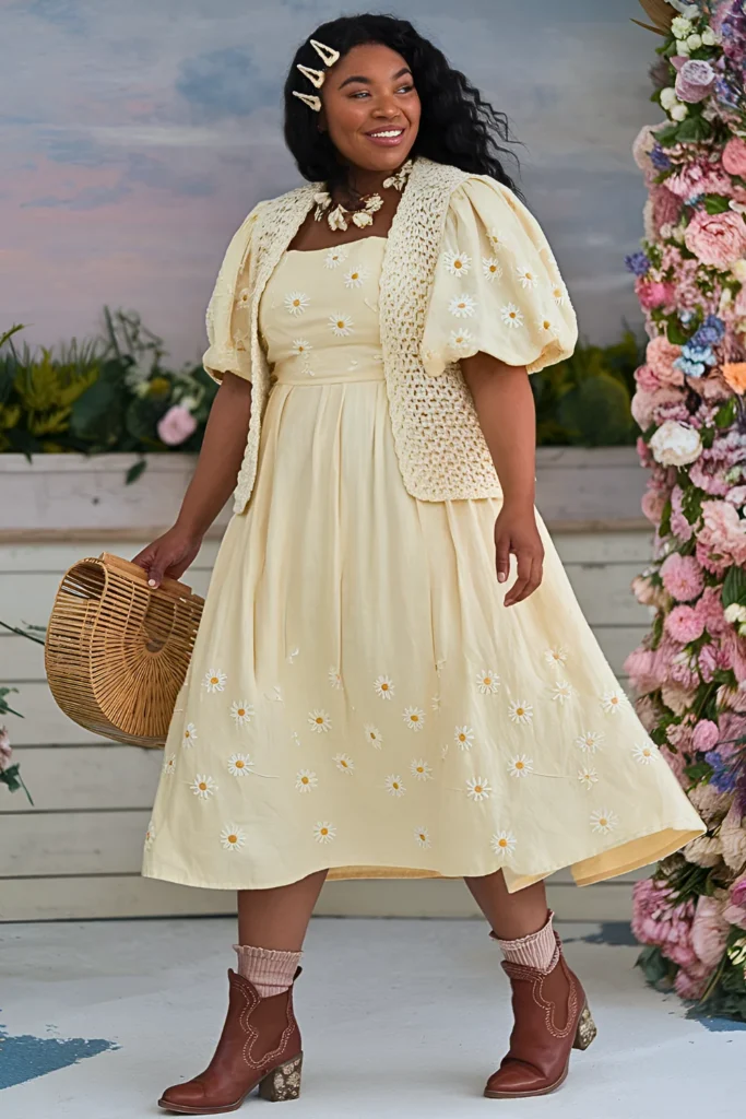 Plus Size Daisy Embroidered Butter-yellow Linen Midi Dress Early Spring Outfit