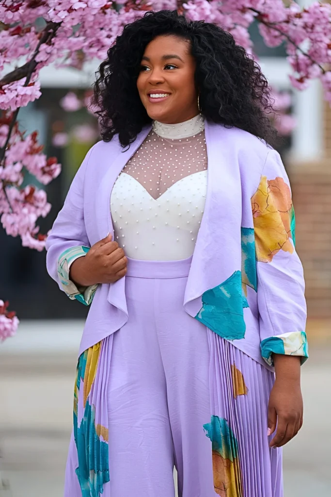 Plus Size Deconstructed Blazer In Lavender Linen With Abstract Watercolor Prints Spring Outfit for Black Women