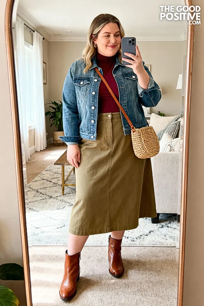 Plus Size Denim Jacket with Midi Skirt Outfit