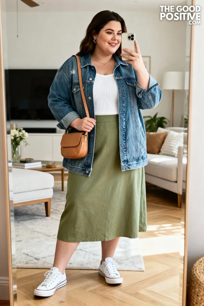 Plus Size Denim Shacket and Midi Skirt Outfit