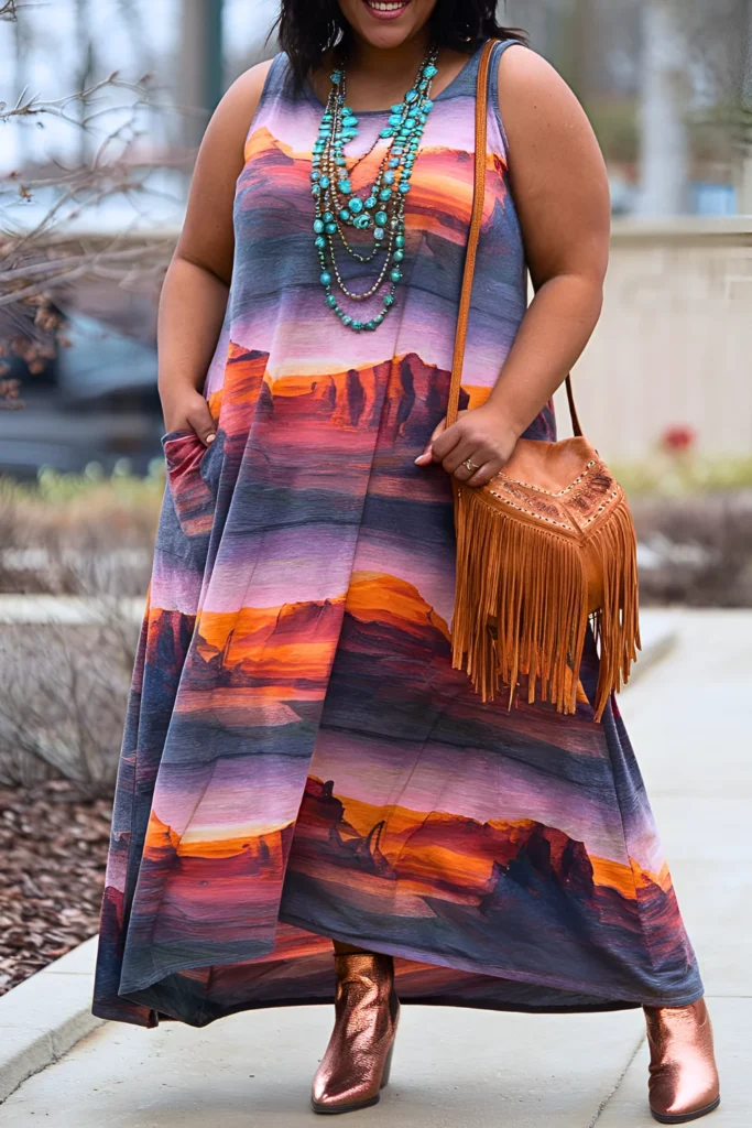 Plus Size Desert Sunset Tiered Maxi Dress with Metallic Copper Boots Spring Outfit