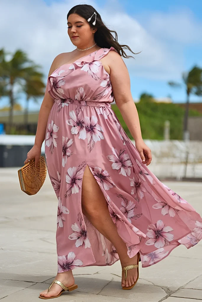 Plus Size Dusty Pink Botanical Chiffon Maxi Dress Spring Break Outfit