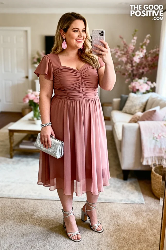 Plus Size Dusty Rose Ruched Bodice Dress with Chiffon Overlay Outfit