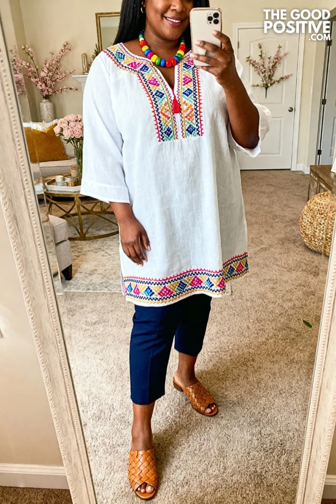 Plus Size Embroidered Cotton Tunic With Cropped Pants Outfit