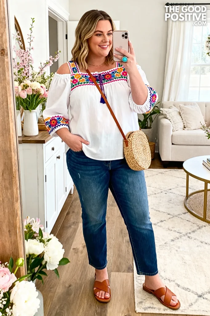 Plus Size Embroidered Peasant Top and Straight Leg Jeans Outfit