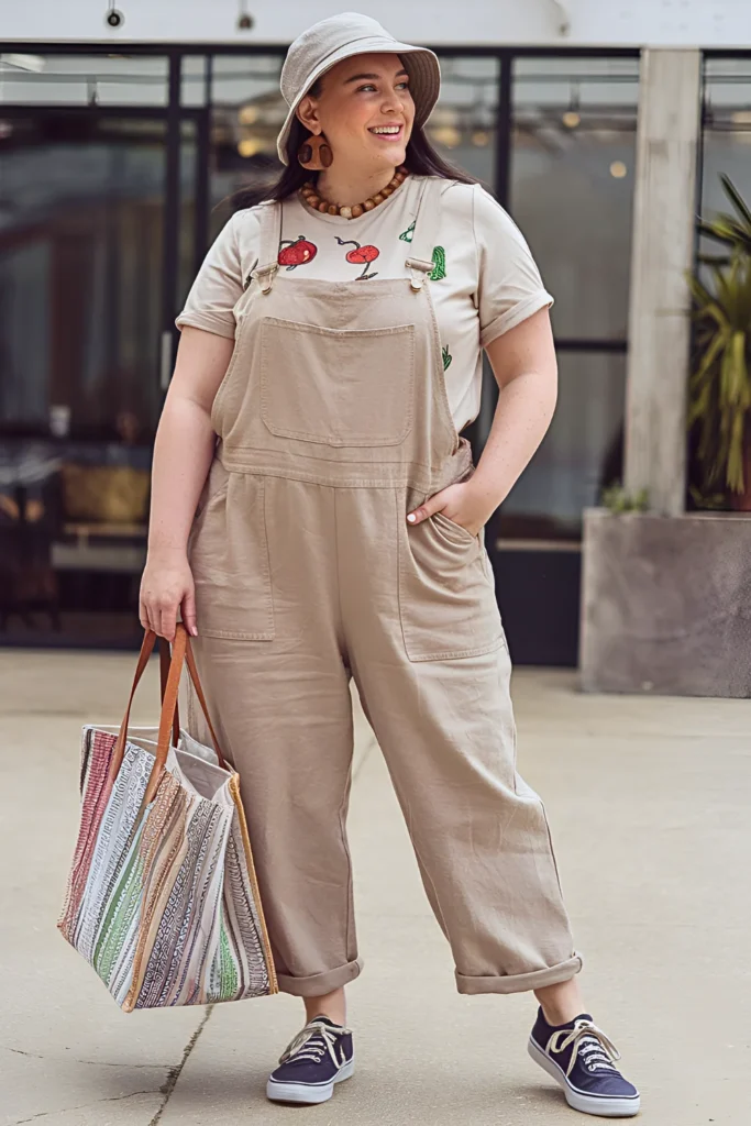 Plus Size Embroidered Vegetable Organic Cotton T-shirt With Sand Color Overalls Early Spring Outfit