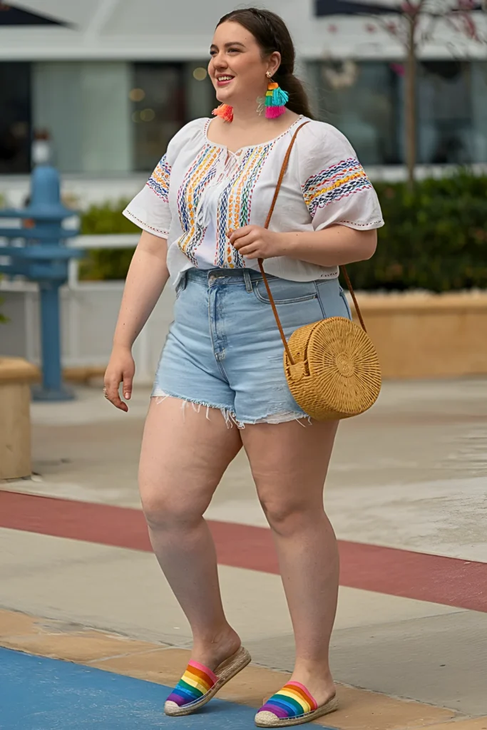 Plus Size Embroidered White Cotton Peasant Top With Denim Shorts Spring Break Outfit