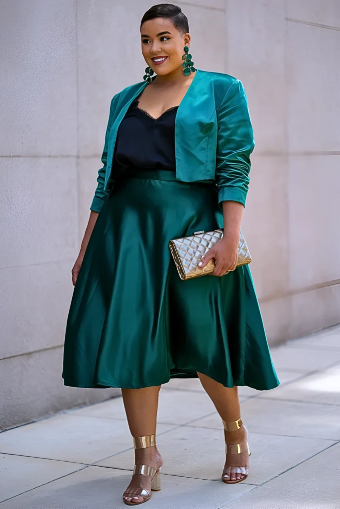 Plus Size Emerald Satin Set with Gold Accents Spring Outfit