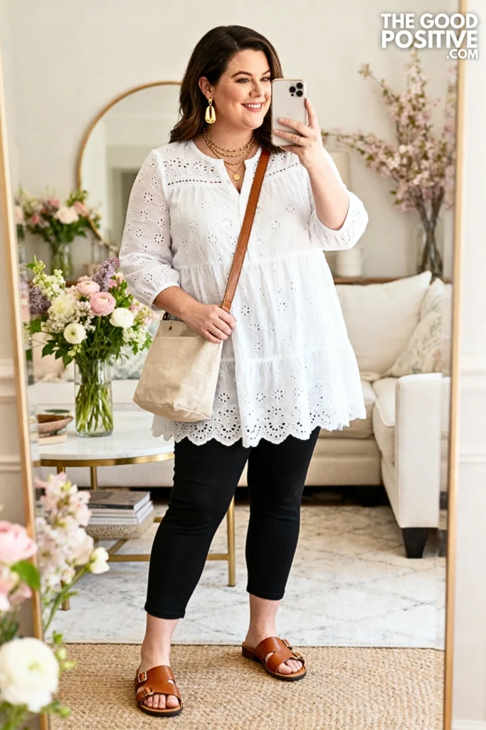 Plus Size Eyelet Cotton Tunic with Leggings Outfit