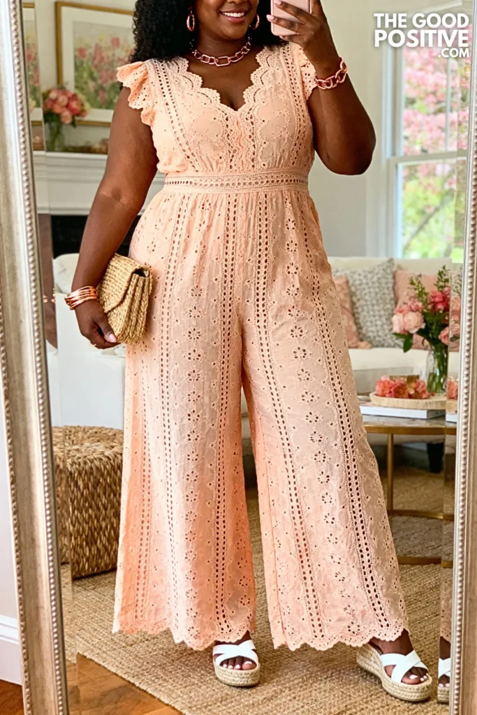 Plus Size Eyelet Lace Wide-Leg Jumpsuit Outfit
