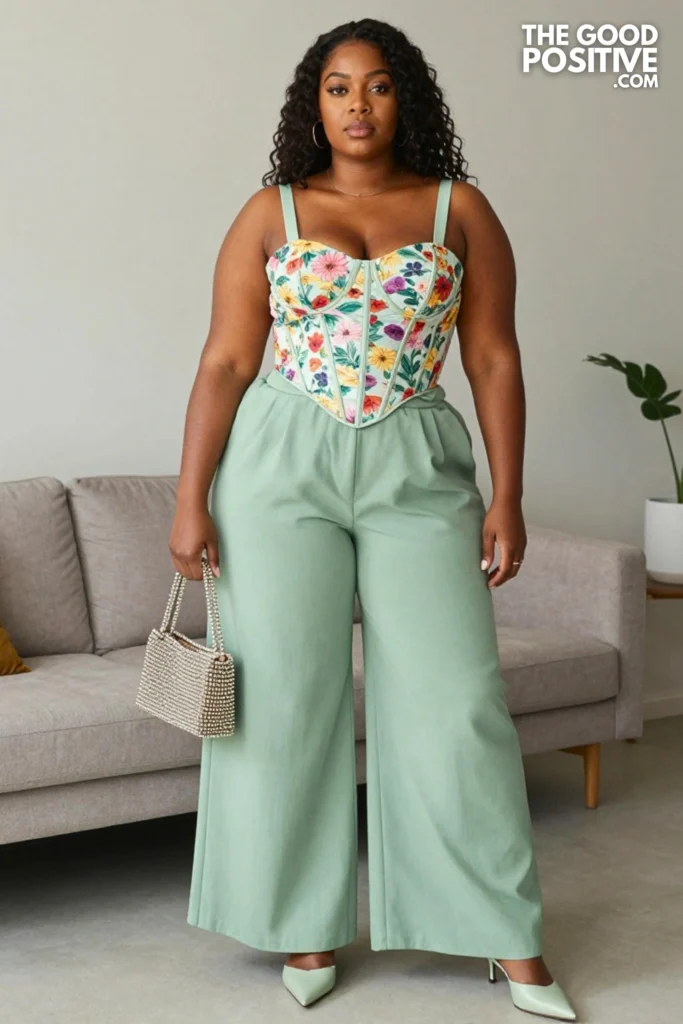 Plus Size Floral Bustier Top & Wide-Leg Trousers Outfit