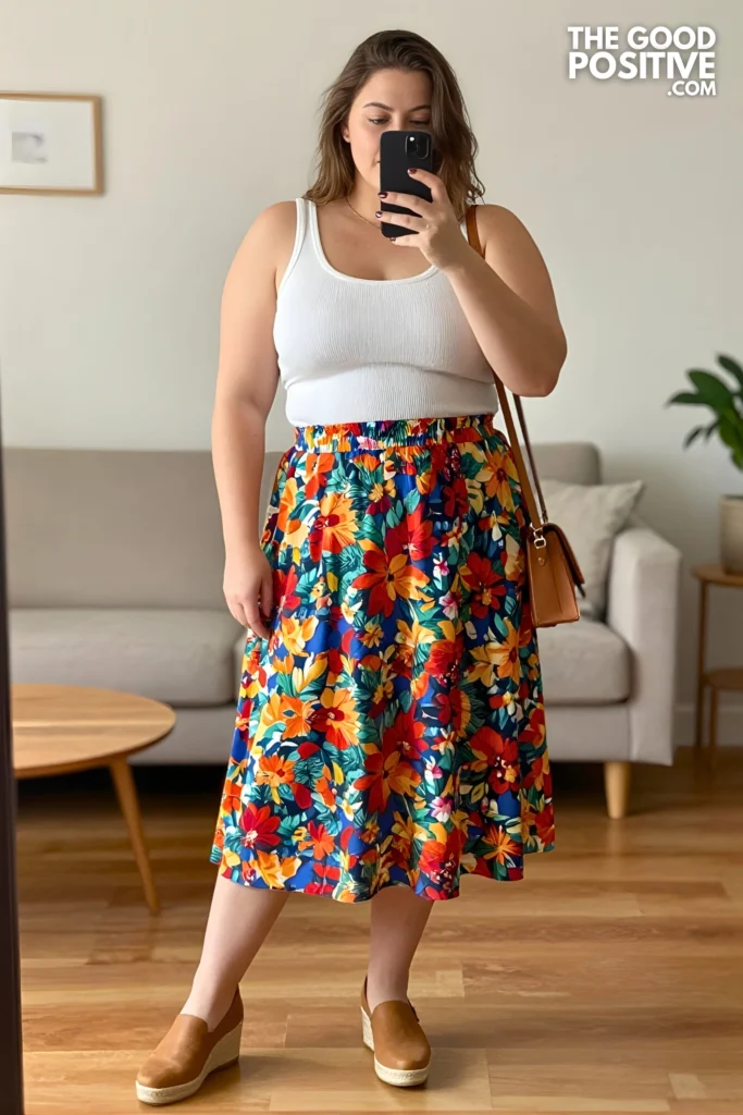 Plus Size Floral Midi Skirt & Fitted Ribbed Tank Top Outfit