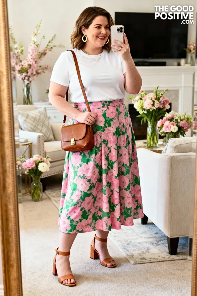 Plus Size Floral Midi Skirt with Tucked Tee Outfit