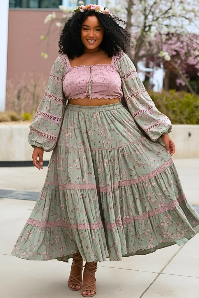 Plus Size Boho Floral Print Tiered Cotton Maxi Skirt With Cropped Top Spring Outfit for Black Women