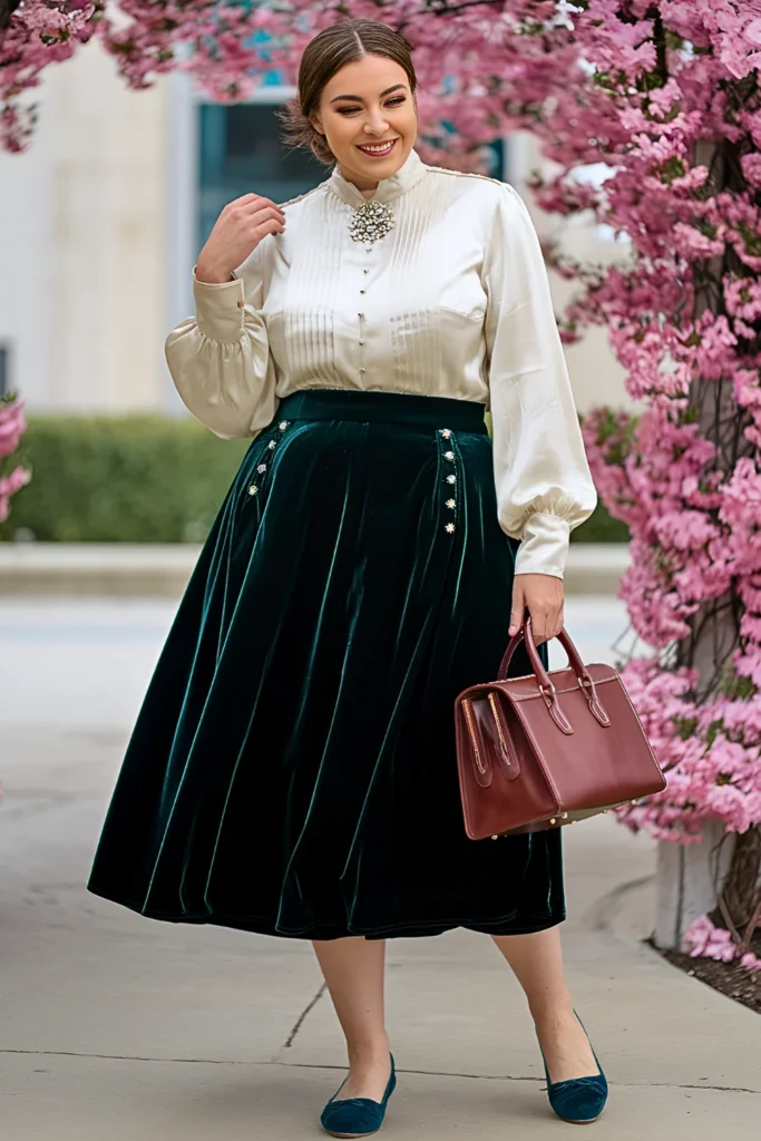 Plus Size Forest Green Velvet Midi Skirt With Ivory Silk Blouse Spring Break Outfit