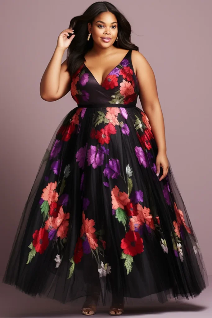 Plus Size Formal Black Floral V Neck Tulle Maxi Dress