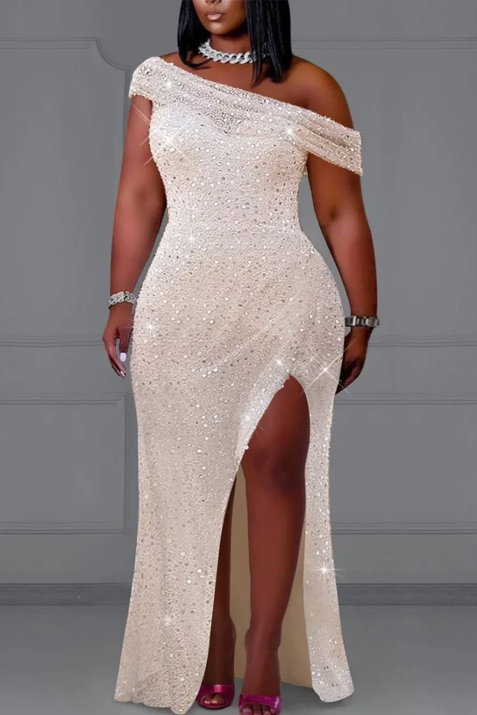 Plus Size Formal Champagne Oblique Collar Split Sequin Maxi Dress