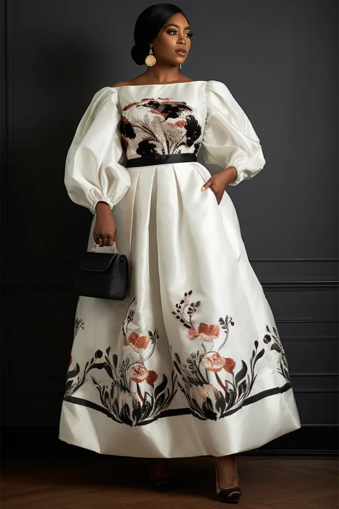 Plus Size Formal White Floral Off The Shoulder Puff Sleeve Long Sleeve Satin Maxi Dress