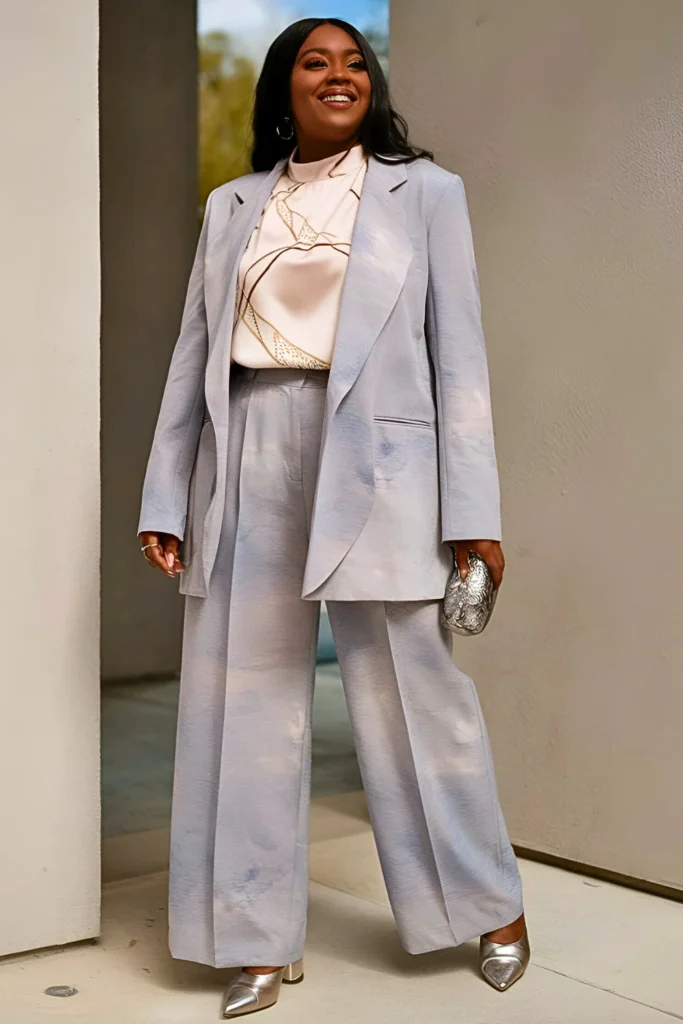 Plus Size Geometric Silk Shell Top, Dove Grey Blazer With Matching Wide-leg Trouser Early Spring Outfit